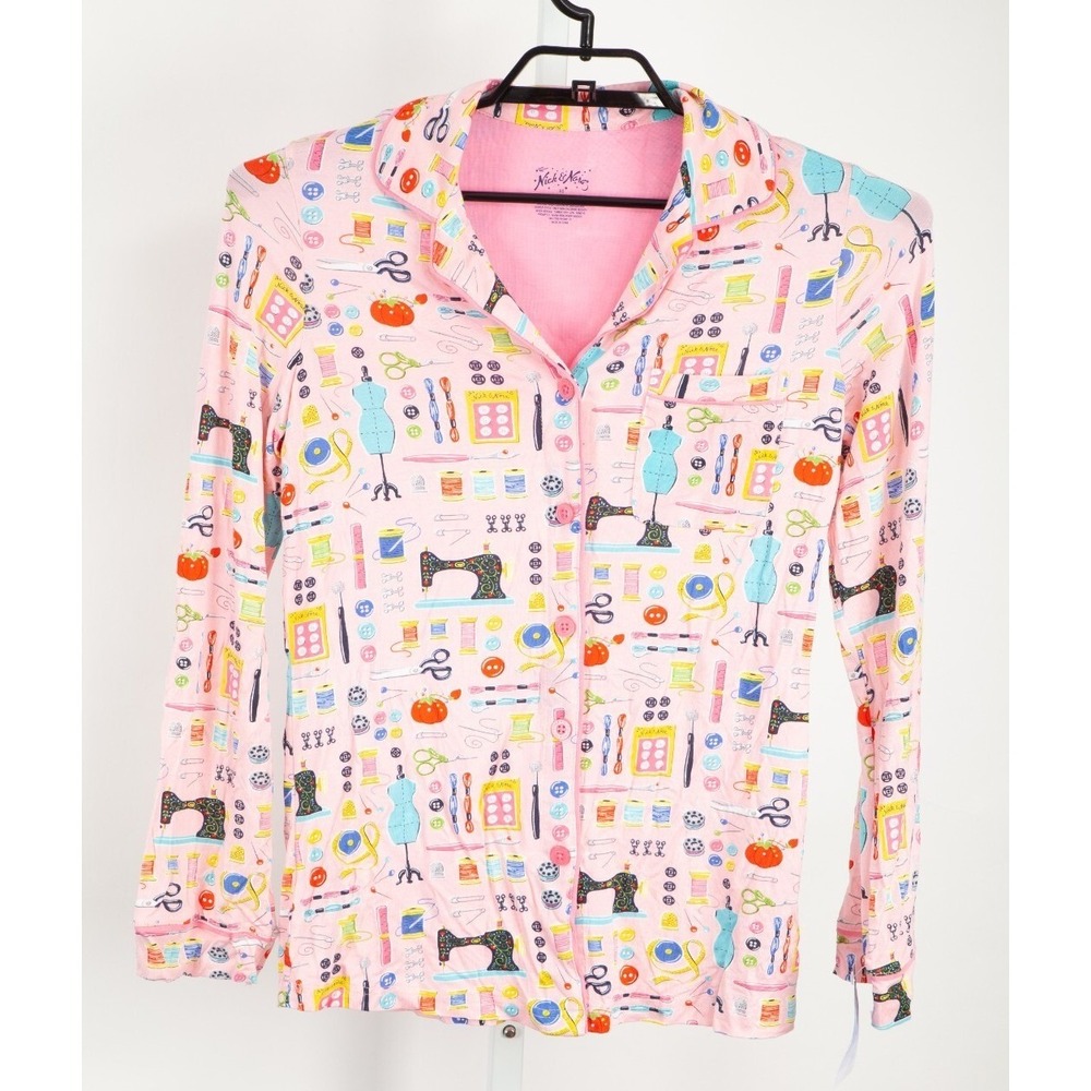 Nick & Nora Pajama Top Women XS Pink Sewing Machine Novelty Print Long Sleeve